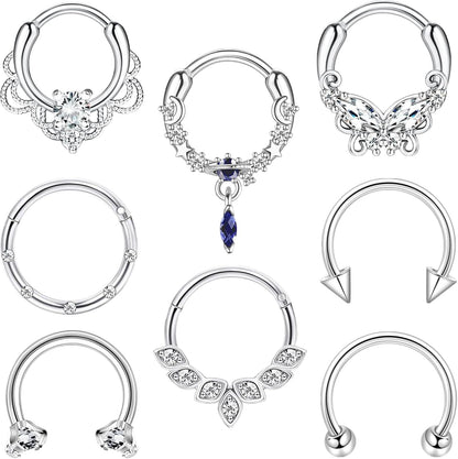 8Pcs Septum Rings 16G Surgical Steel Nose Rings Hoops Septum Clicker Daith Piercing Jewelry Silver Butterfly CZ Horseshoe Nose Lip Ring for Women Men 8MM 10MM