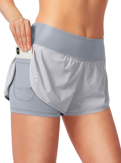 Full-length view of women's high-waisted running shorts
