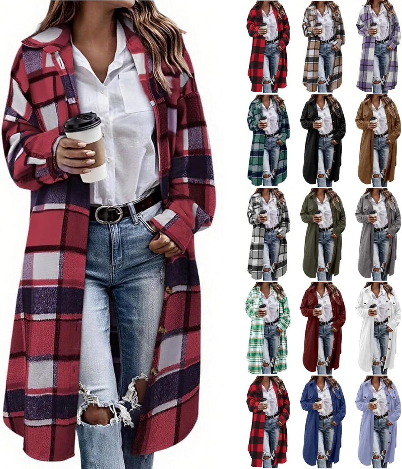 Full-length view of flannel plaid jacket on fashion model