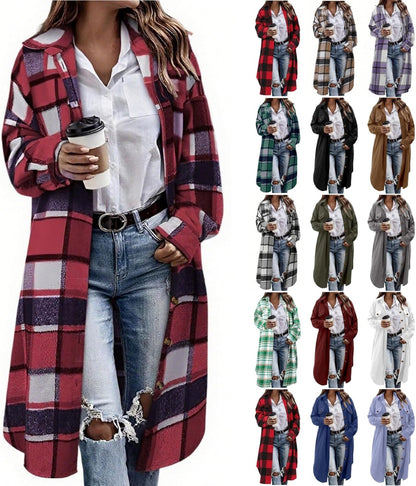 Full-length view of flannel plaid jacket on fashion model