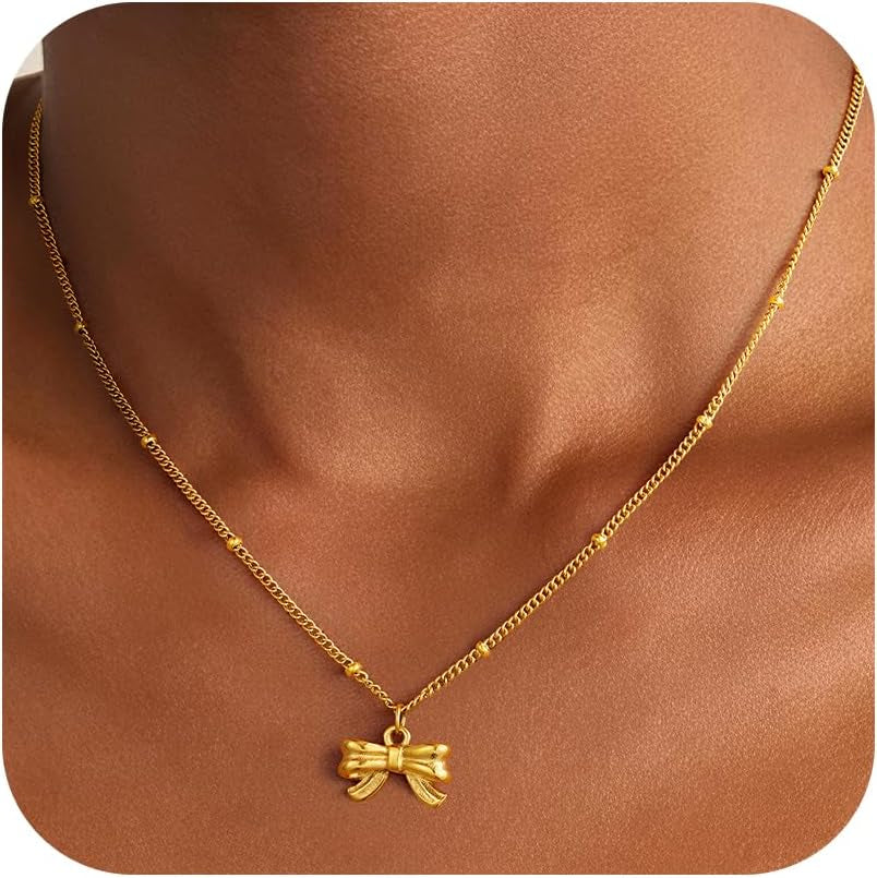 Gold Bow Necklace for Women - 18K Gold Plated Dainty Gold Necklace Cute Small Tiny Bow Pendant Choker Chain Necklaces Trendy Necklaces for Women Gold Jewelry Gift