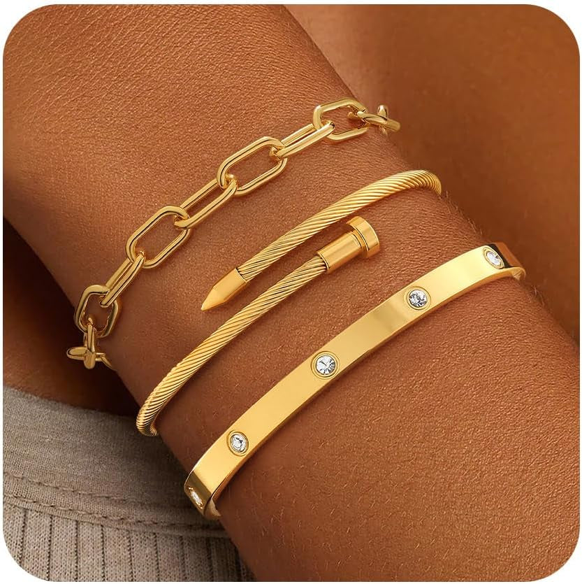 ZOERAY Silver Gold Bangle Bracelets for Women Non Tarnish 14K Gold Plated Stackable Cuff Bracelets for Women Trendy Cubic Zirconia Stainless Steel Chunky Bracelet Stack Set Waterproof Jewelry Gifts