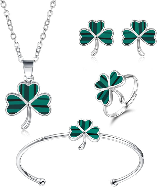 Shamrock St. Patrick'S Day Necklace Earrings Ring Bracelet Jewelry Set Green Three Leaf Heart Clover Jewelry Gift for Women