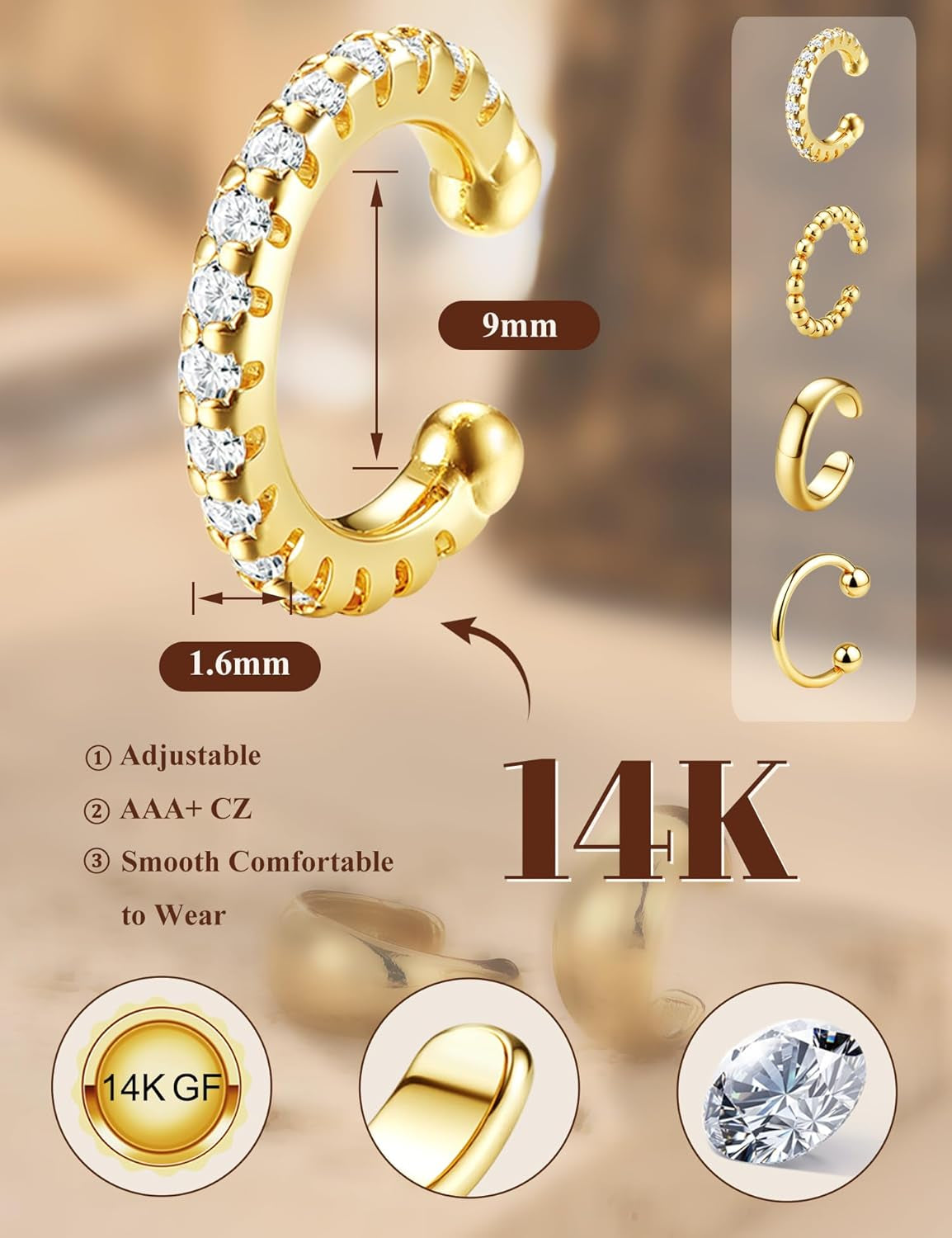 𝟒𝐏𝐚𝐢𝐫𝐬 14K Gold Plated Ear Cuff Earrings for Women Non Piercing - Hypoallergenic Ear Cuffs 14K Silver/Gold Plated Non Tarnish Clip on Cartilage Earrings Fake Earring Set Trendy Jewelry