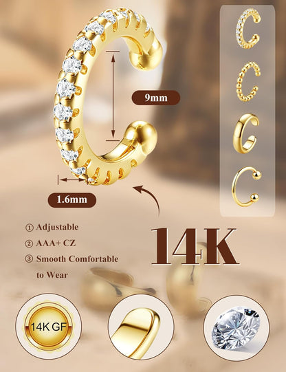 𝟒𝐏𝐚𝐢𝐫𝐬 14K Gold Plated Ear Cuff Earrings for Women Non Piercing - Hypoallergenic Ear Cuffs 14K Silver/Gold Plated Non Tarnish Clip on Cartilage Earrings Fake Earring Set Trendy Jewelry