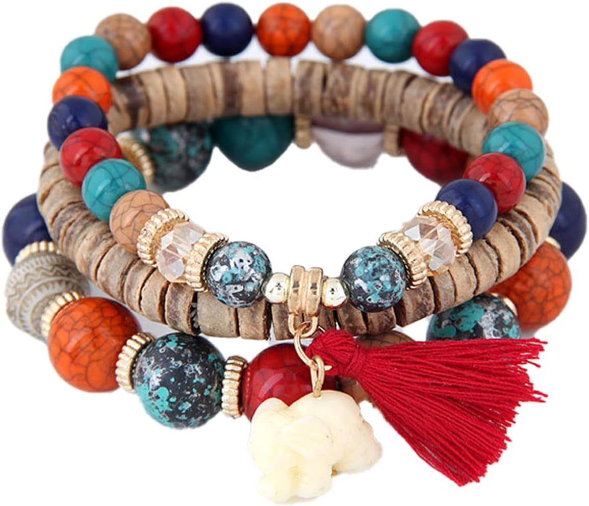Caiyao Bohemian Stackable Wood Wooden Beads Elephant Charm Tassel Stretchy Bracelet Set for Women Men Multilayered Multicolor Acrylic Resin Seeds Bracelet Ethnic Jewelry Gift
