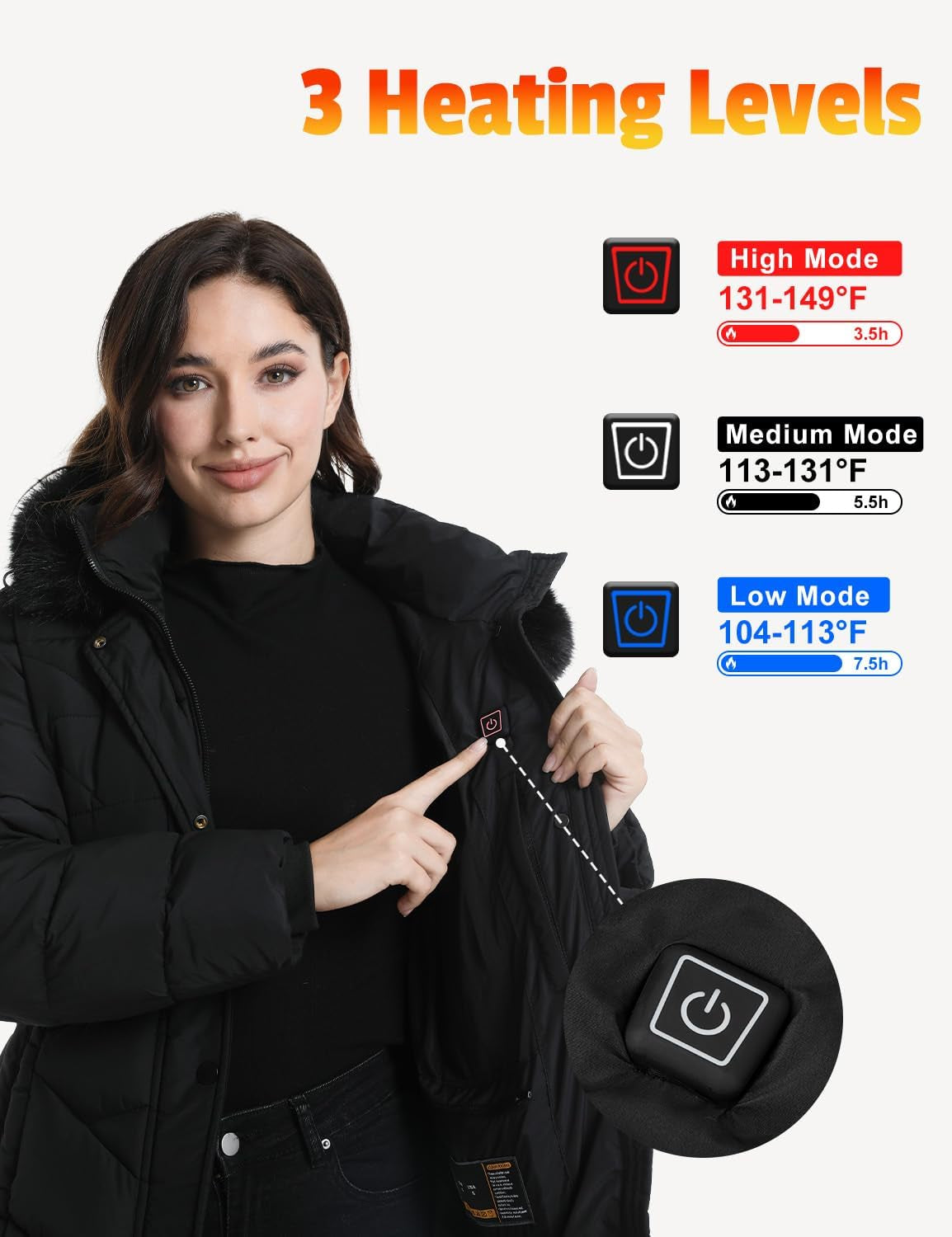 Detachable fur-lined hood on women's heated winter jacket