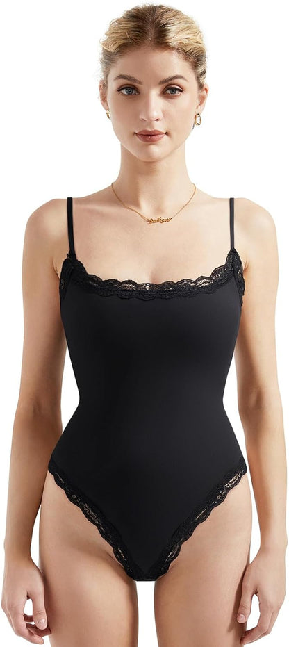 SUUKSESS Women Square Neck Lace Bodysuit Sleeveless Spaghetti Strap Tank Top