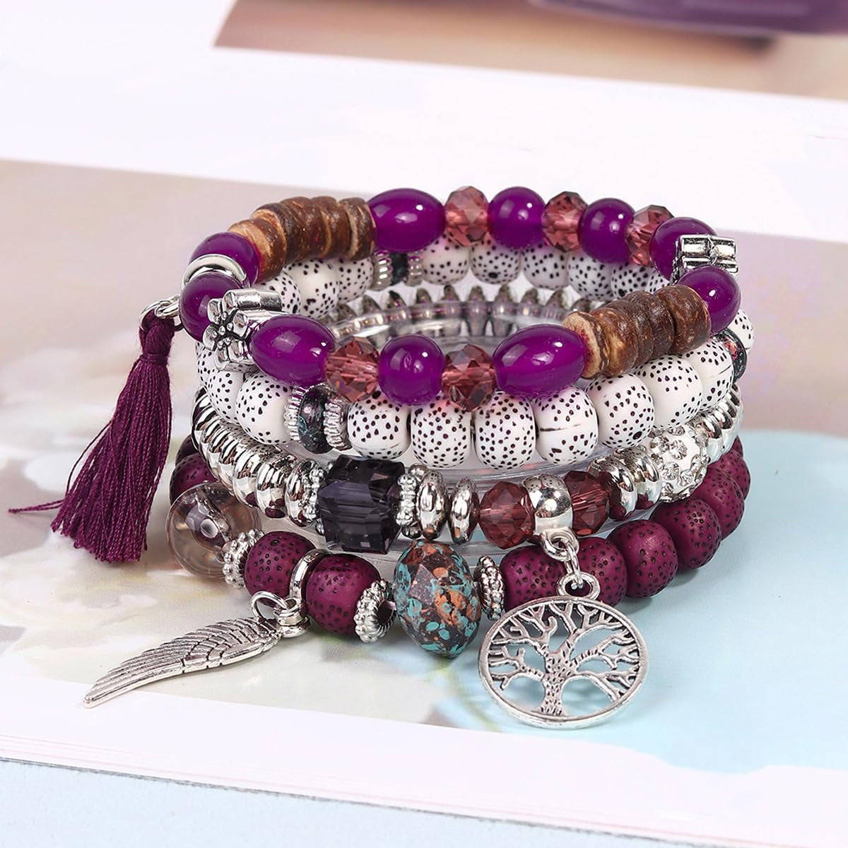 4 Sets Bohemian Stackable Bead Bracelets, Stretch Bangle Charm Jewelry 1