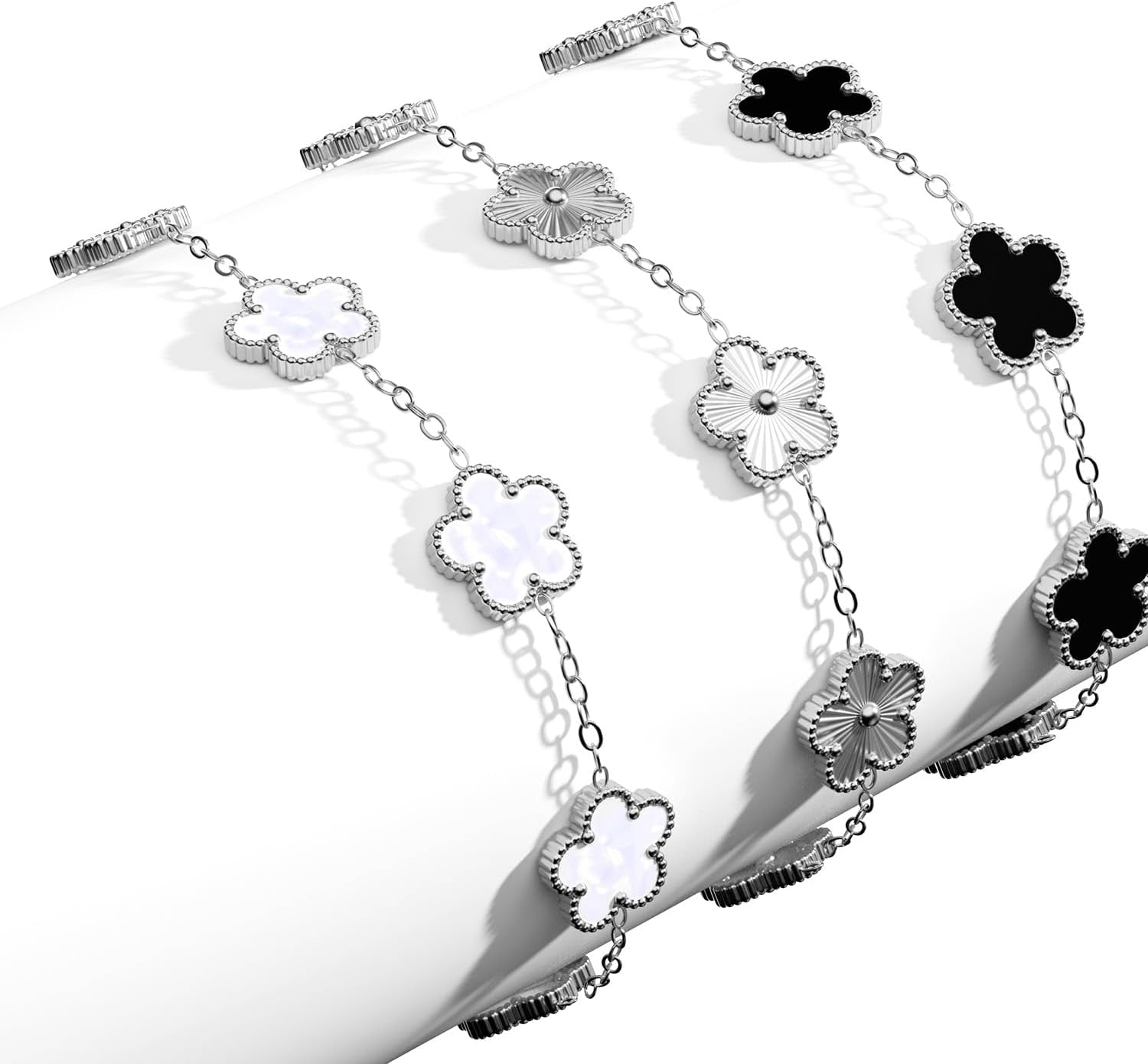 Aicase 18K Gold Plated Clover Bracelet Dupes White/Black/Silver Bracelet Set for Women Flower Leaf Lucky Clover Bracelets Trendy Jewelry Birthday Gifts for Women/Mom/Daughter/Nana/Besties/Friends