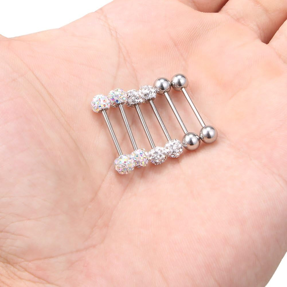 Ruifan 16G 9/16Inch Crystal Ball Nipple Tongue Tongue Shield Rings Stainless Steel Straight Barbell Body Piercing Jewelry Retainer