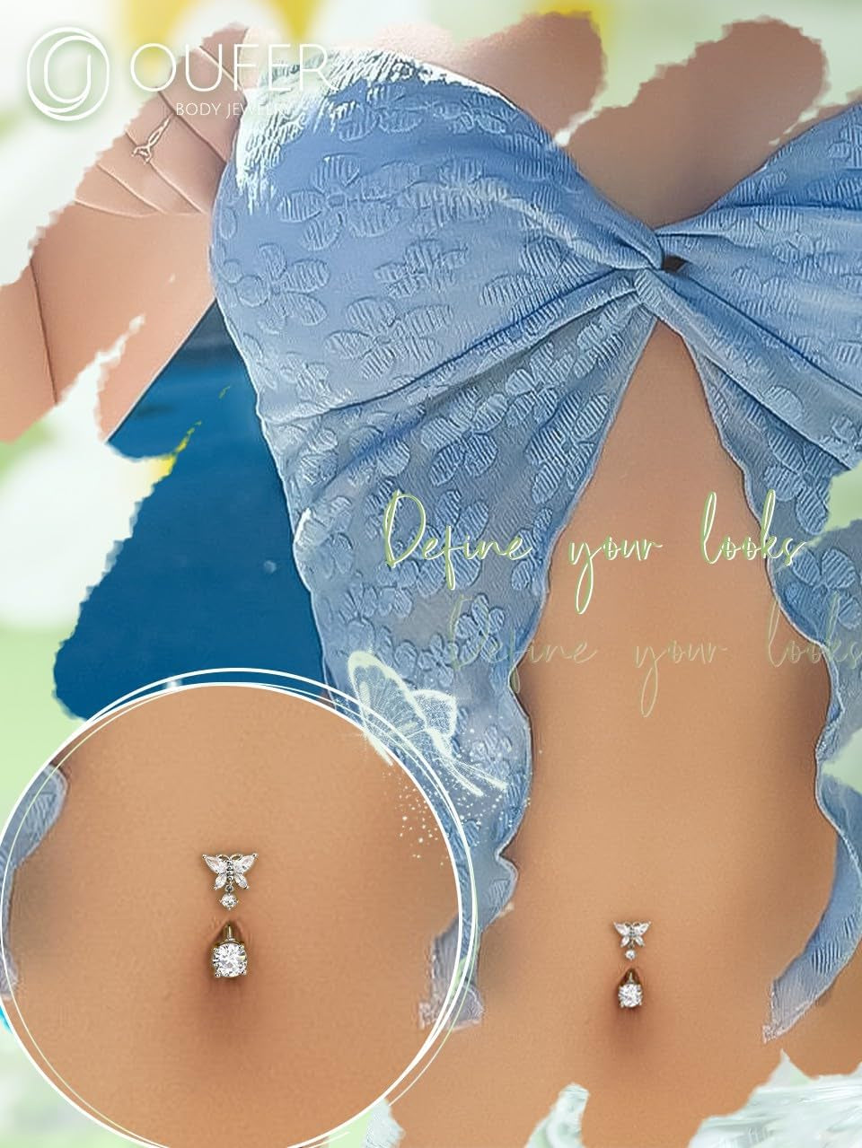 OUFER Belly Button Rings, Butterfly Belly Rings, 316L Surgical Steel Navel Rings, Clear CZ Belly Piercing Jewelry, Dangle Belly Rings for Women Men