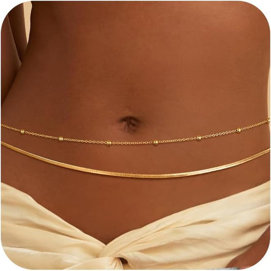 CHESKY 14K Gold Plated Silver Plated Waist Chain for Women, Layered Belly Belt Chains Beach Waist Beads Chain Waterproof Snake Cuban Body Chain Summer Jewelry Accessories for Women