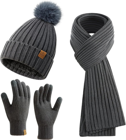 Coolprince Womens Long Scarf Gloves and Hat Set Cold Weather Hat Scarf Glove Set for Women Winter Beanie Hats with Pom Pom