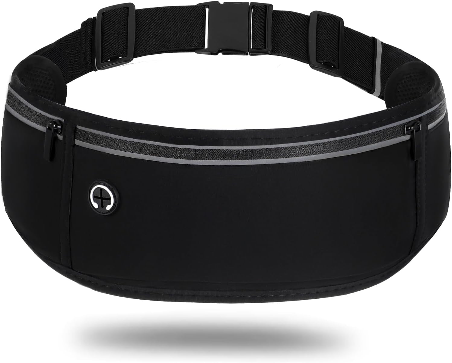 Black waterproof running belt fanny pack worn around woman's waist during outdoor jog