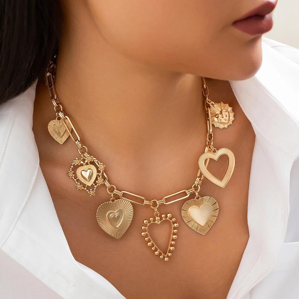 YOOESTORES82 Chunky Heart Pendant Charm Statement Necklace Gold Tone Layered Link Chain Necklaces for Women Romantic Trendy Jewelry Party Gift Glamorous Versatile