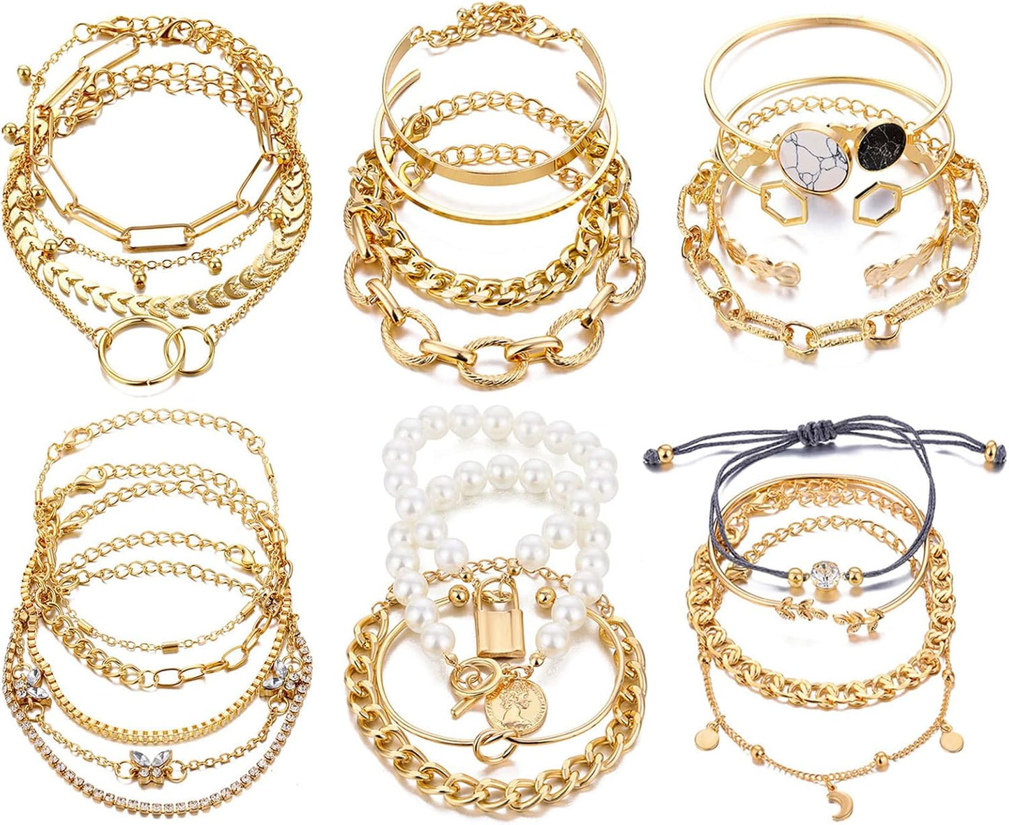 Punk and boho gold bracelet collection in complete 6-pack