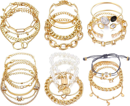 Punk and boho gold bracelet collection in complete 6-pack