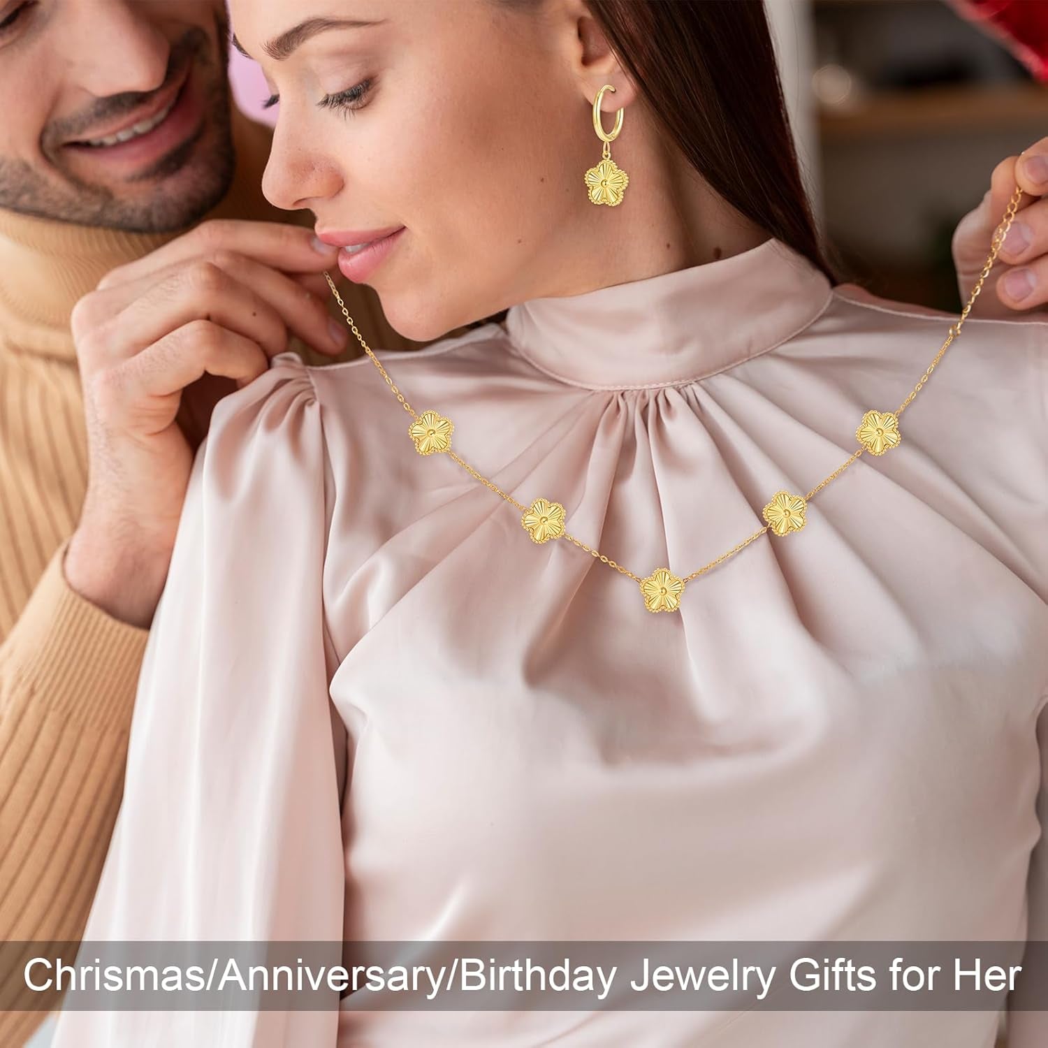 Gold Clover Jewelry Set with Flower Design Four Leaf Clover Necklace for Women Lucky Clover Bracelet Earrings for Friends 3Pcs Floral Style Clover Jewelry Gifts