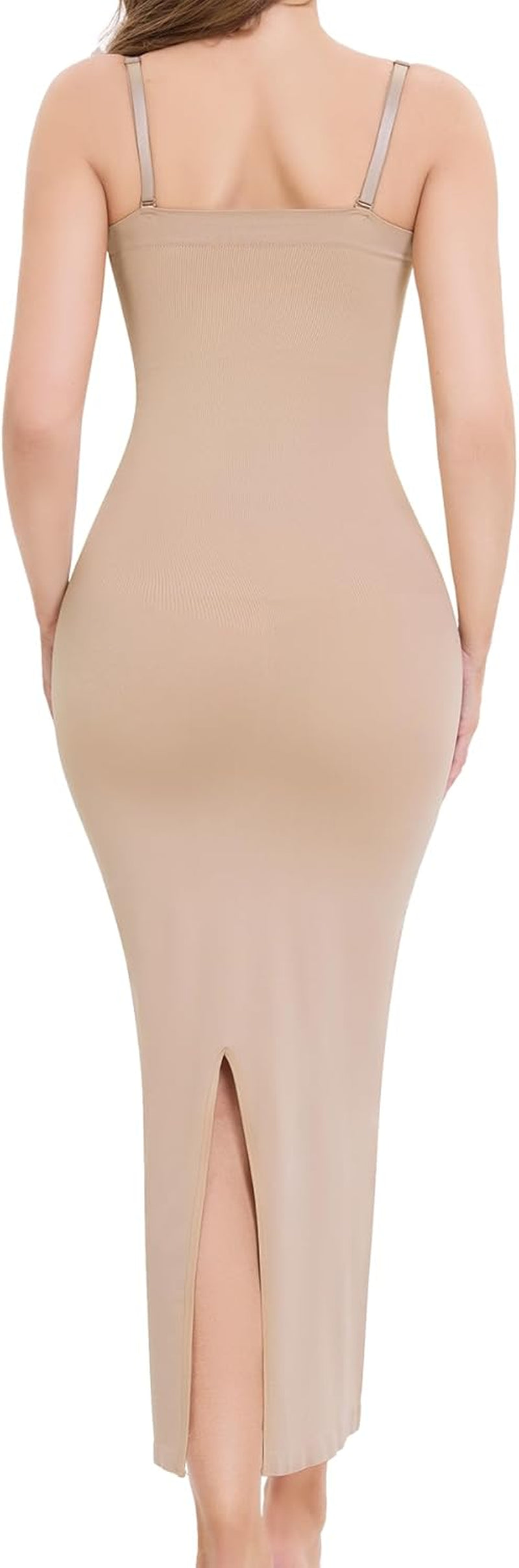 Seamless tummy control shapewear slip worn under dress