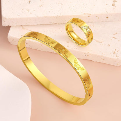 Gold Silver Butterfly Clover Bracelet Ring Set, Stainless Steel Cuff Bangle Jewelry Dainty Love Design for Women Wedding Birthday Gift