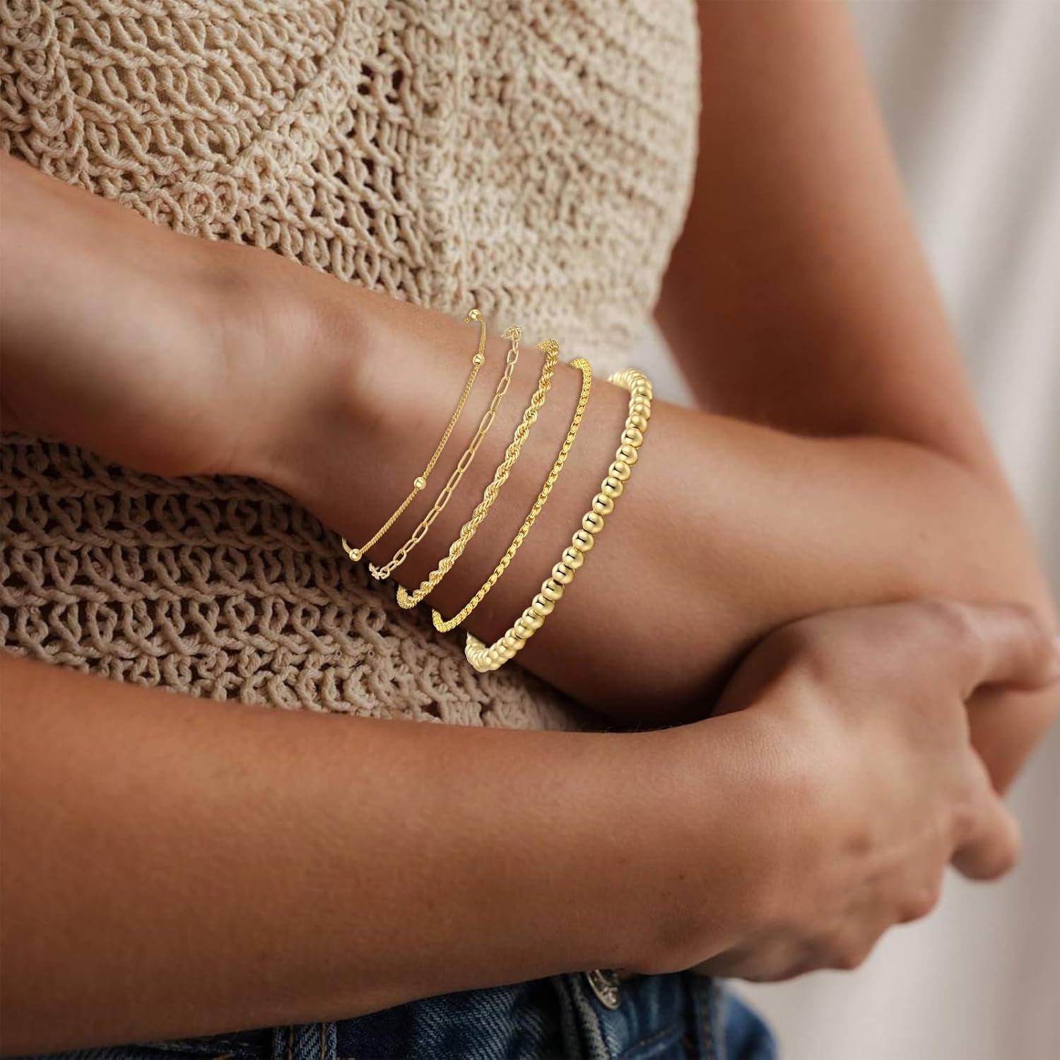 5Pcs Gold Bracelets for Women Trendy,Dainty 14K Real Gold Plated Jewelry Sets for Women,Waterproof,Thin Small Cute Chain Bracelets,Fashion Accessories Jewelry Gifts for Women Adjustable 7"+2"