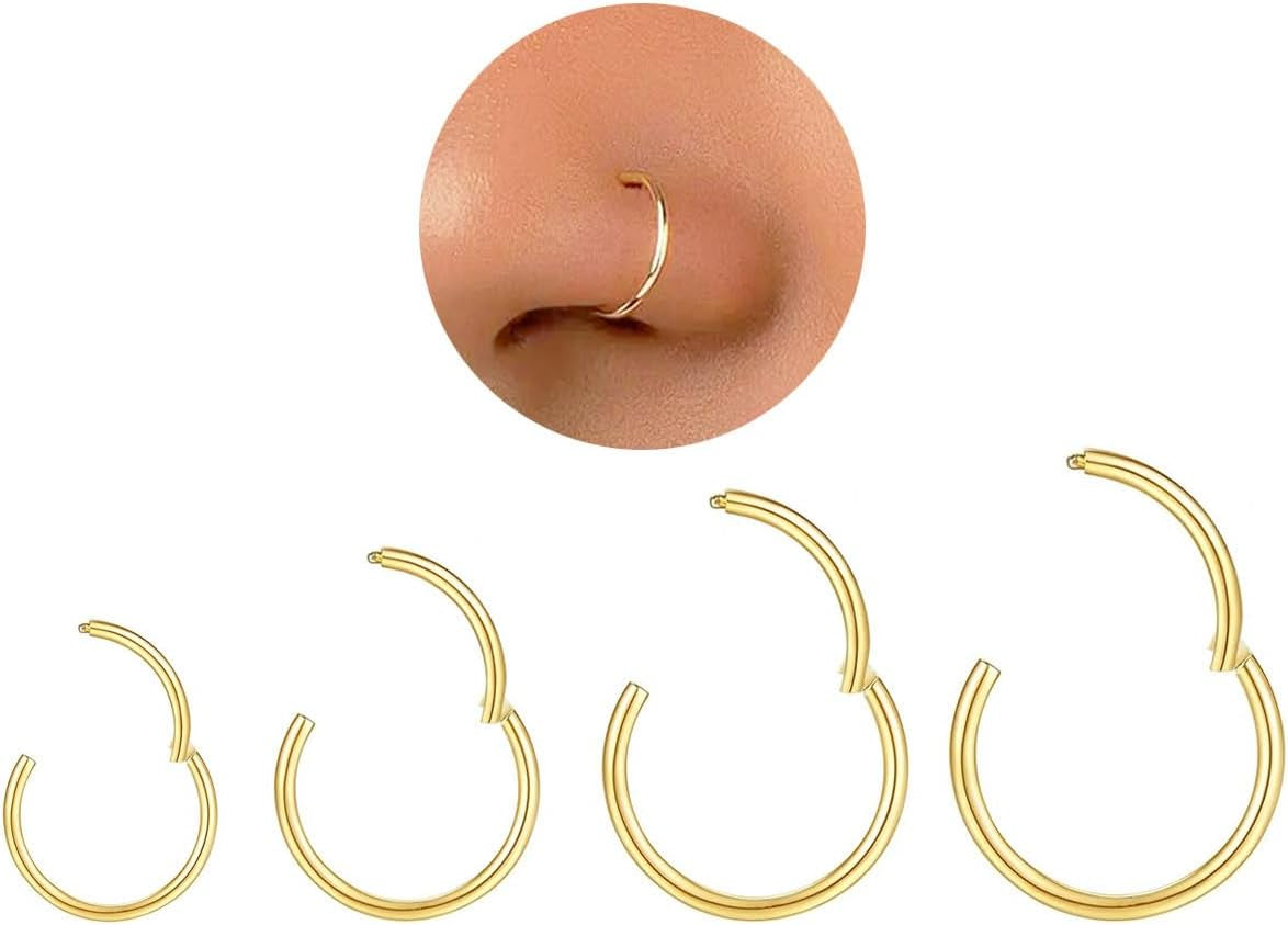 Hypoallergenic Nose Rings Hoops Set for Women Men: 8Pcs 18G Gold/Silver 316L Surgical Stainless Steel Nose Hoops Hinged Clicker Septum Rings for Nose Cartilage Body Piercing Jewelry 6Mm 8Mm 10Mm 12Mm