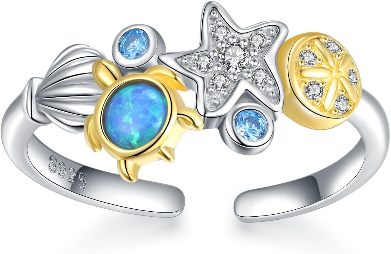 925-Sterling-Silver Opal/Turquoise Sea Turtle/Dolphin/Sea Life Ring - Inspirational I Love You Forever Adjustable Open Nature Ocean Mother Daughter Ring Cute Animal Jewelry Gifts for Women