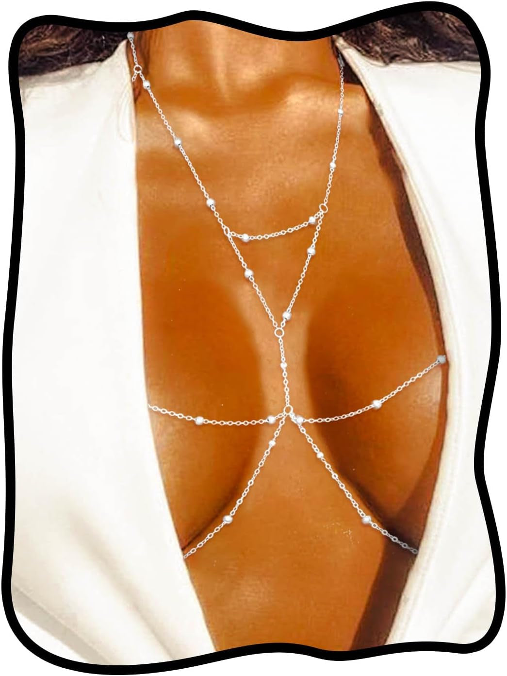 Urieo Sparkly Beads Bra Chain Silver Crystal Chest Chains Rhinestone Layered Sexy Nightclub Beach Rave Body Chain for Women