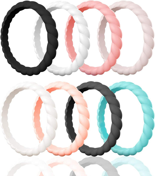 Egnaro thin silicone wedding rings for women in multiple colors stacked together