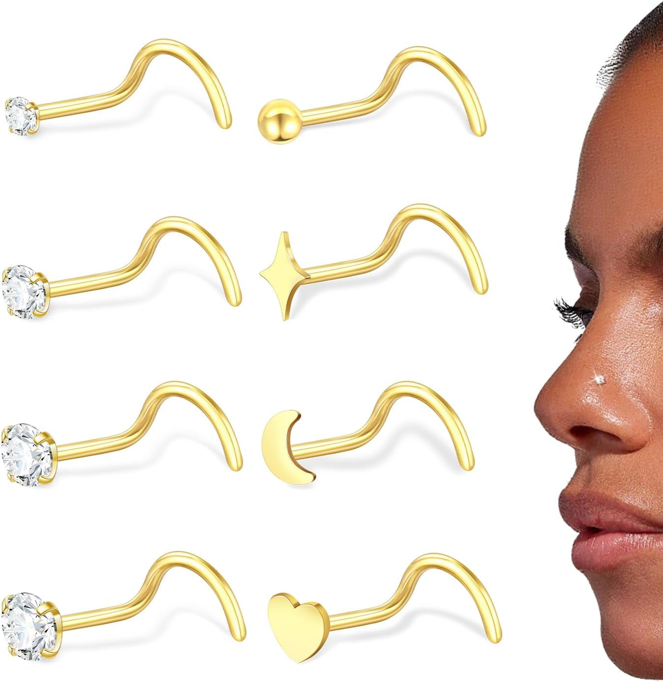 20G Nose Rings Stud for Women Surgical Steel Gold Silver Nose Ring L Shaped Corkscrew Nose Studs Hypoallergenic Small 1.5/2/2.5/3Mm CZ Cute Heart Star Moon Ball Nose Piercing Studs Jewelry Set 8Pcs