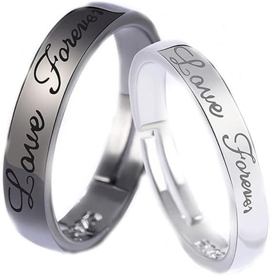 Matching promise rings for couples set with Love Forever engraving in silver