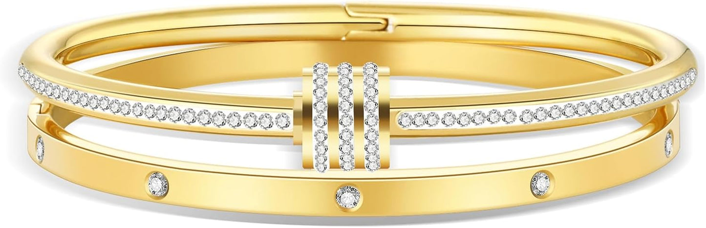 Women'S Stainless Steel Bracelet Gold Plated Cuff Bangle with Cube Zircon Hinge Jewelry Oval Bangle Witness the Gift of Love