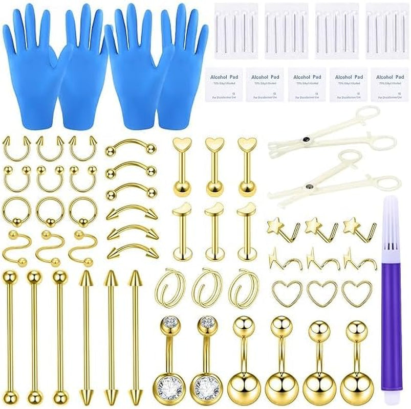 Xpircn Piercing Kit 316L Stainless Steel Belly Button Ring Ear Nose Septum Piercing Jewelry 20G 18G 16G 14G 12G Piercing Tools with Clamps Gloves for Body Piercing