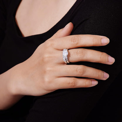 Close-up of cubic zirconia three stone detail on silver ring