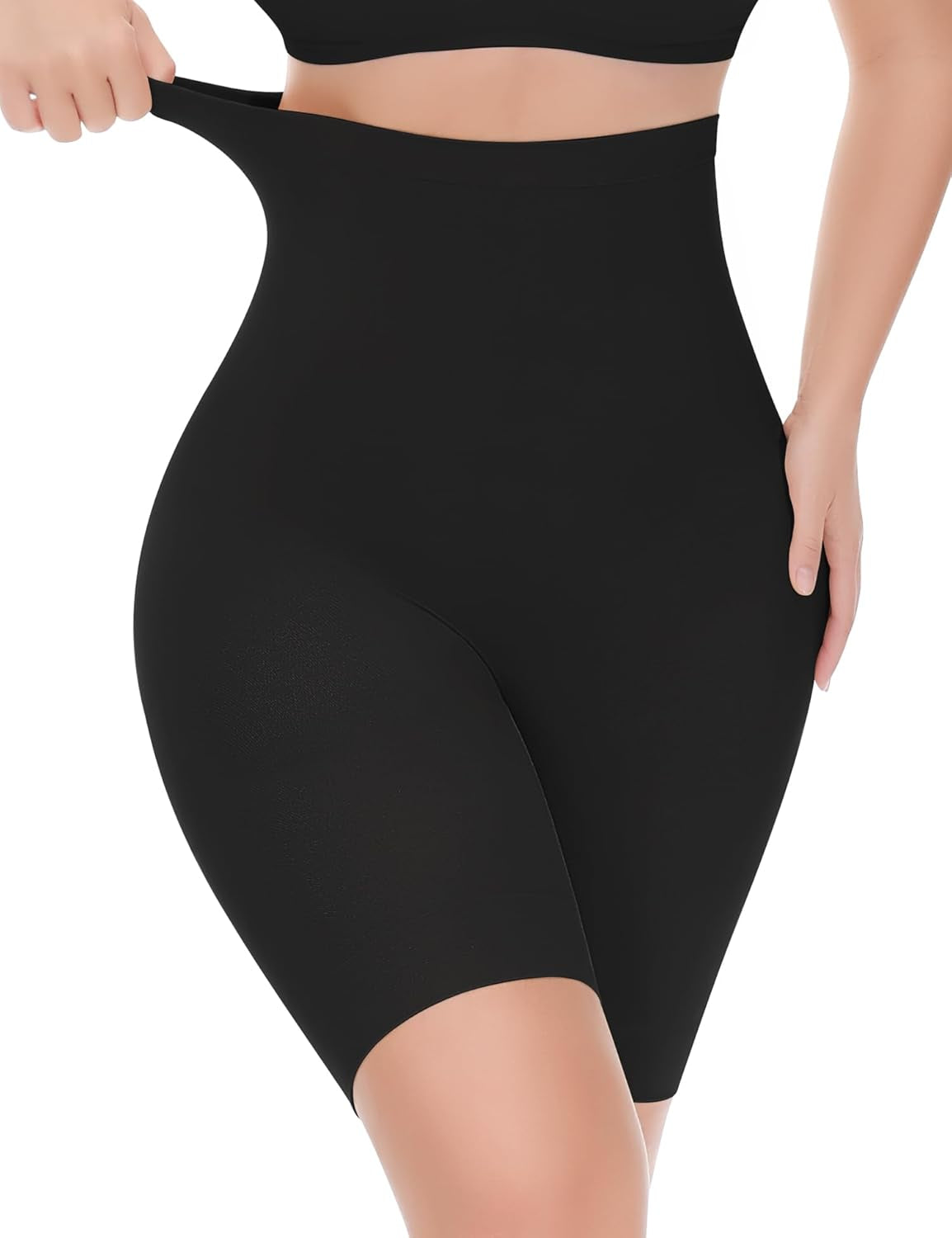 Yeblues high waisted shapewear shorts in black front view on model