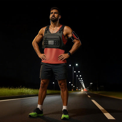 Water-resistant running vest bag worn by woman during workout session