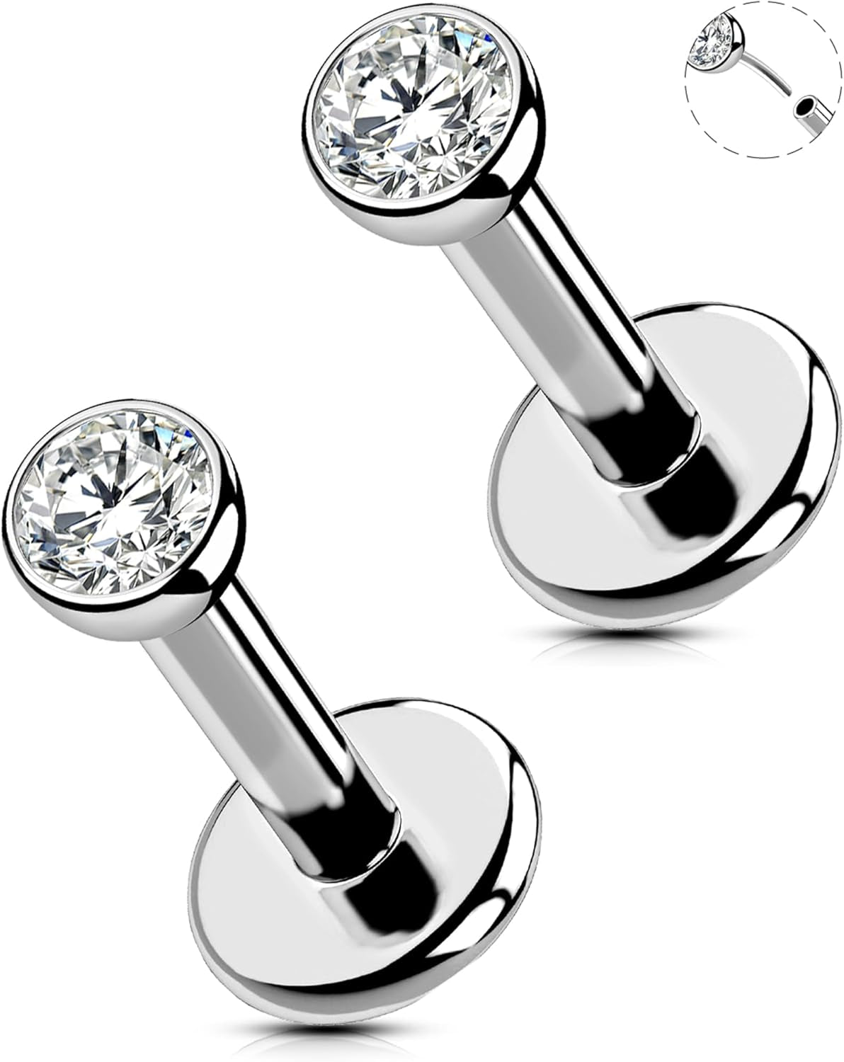 OUFER 2Pcs 20G/18G/16G G23 Titanium Threadless Nose Stud Earrings Flat Back Tiny CZ Small Nose Helix Cartilage Tragus Conch Labret Medusa Monroe Piercing Jewelry for Women Men