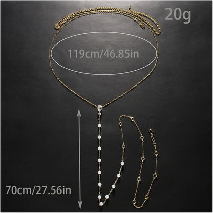 Rhinestone Back Necklace for Backless Dress - Bridal Wedding Pearl Backdrop Jewelry Crystal Long Body Chain Simple Waist Chain for Women