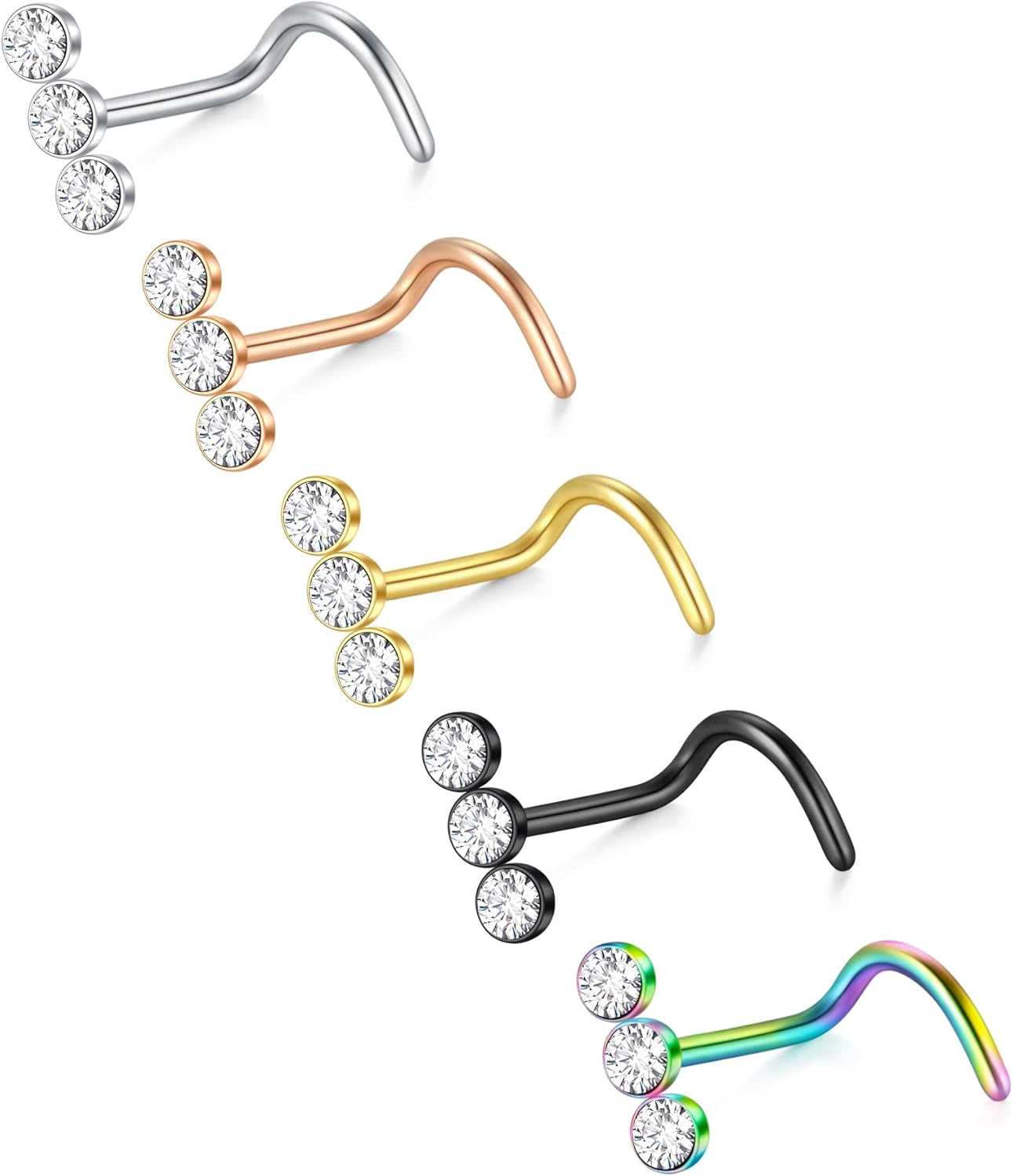 D.Bella Nose Rings 10Pcs 18G Nose Screw Rings Studs Surgical Steel Piercing Jewelry 2Mm Clear CZ Silver