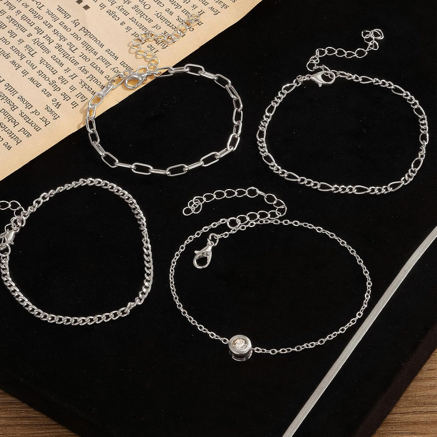 IFKM 5 PACK (35 PCS) Silver Chain Bangles Bracelets Set for Women, Silver Multiple Layered Stackable Open Cuff Bangle Anklet Bracelet Trendy Elegance Link Beads Italian Boho Cuban Jewelry for Women Gift
