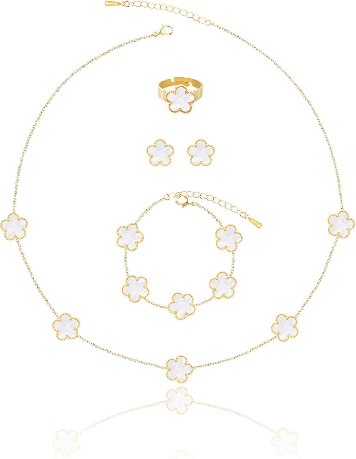 Gold Plated Five Leaf Clover Necklace Bracelet Rings and Stud Earrings Set for Women Lucky Flower Jewelry