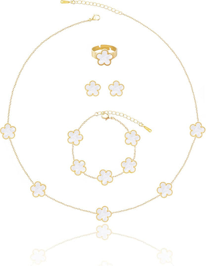 Gold Plated Five Leaf Clover Necklace Bracelet Rings and Stud Earrings Set for Women Lucky Flower Jewelry