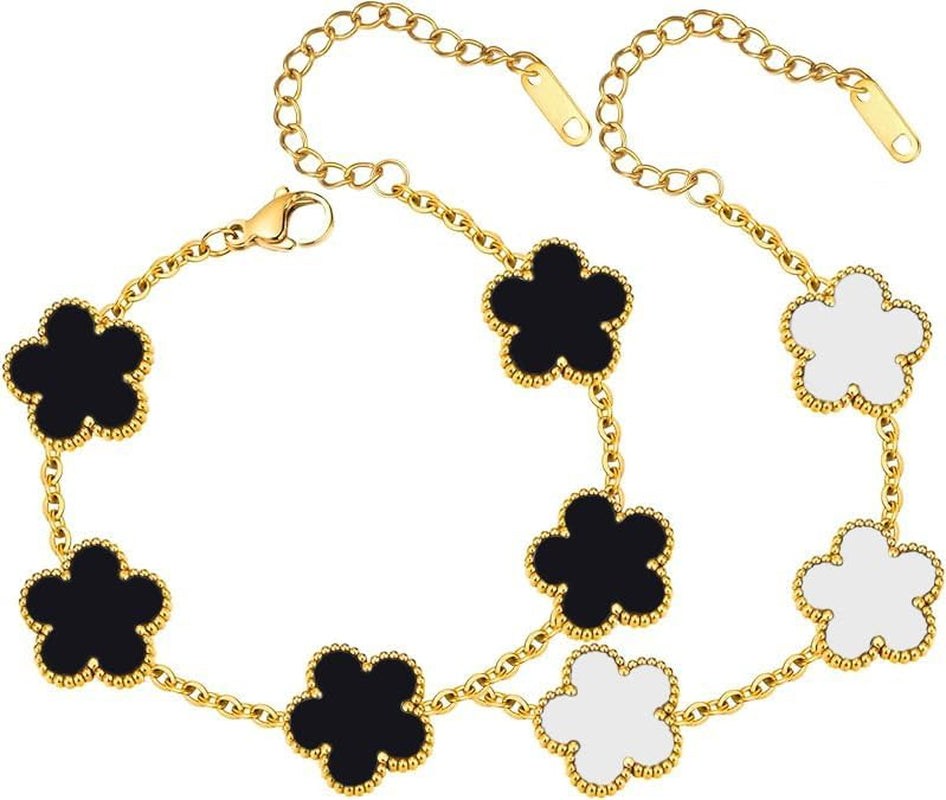 18K Gold Plated Clover Bracelet Set for Women,White Black Fashion Four Leaf Clover Lucky Bracelets,Trendy Link Bracelets Set Jewelry Gifts for Women