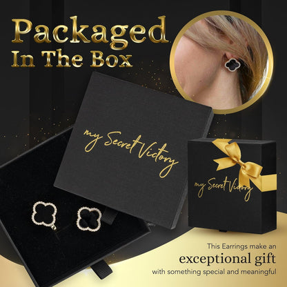 Four Leaf Clover Earrings 18K Gold Plated with Black Agate or White Shell | Mother of Pearl & Cubic Zirconia | Classic English Lock | Tarnish-Resistant Jewelry for Women