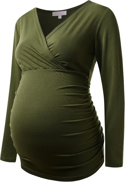 Maternity Shirt Long Sleeve Top Wrap V Neck Blouse Cross over Nursing Tshirt