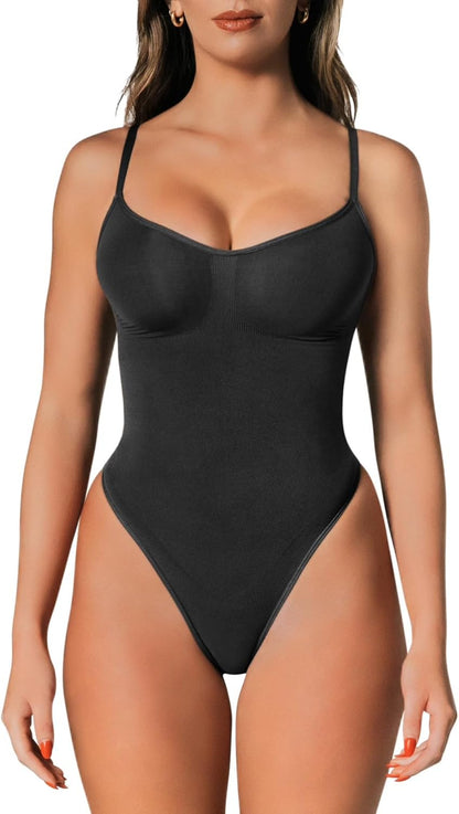 Black shapewear bodysuit with tummy control sculpting panels