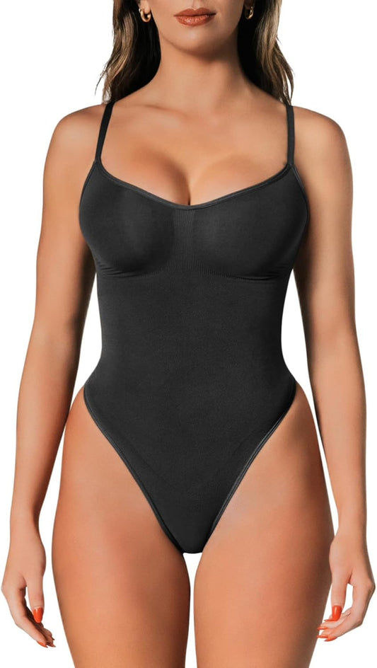 Black shapewear bodysuit with tummy control sculpting panels