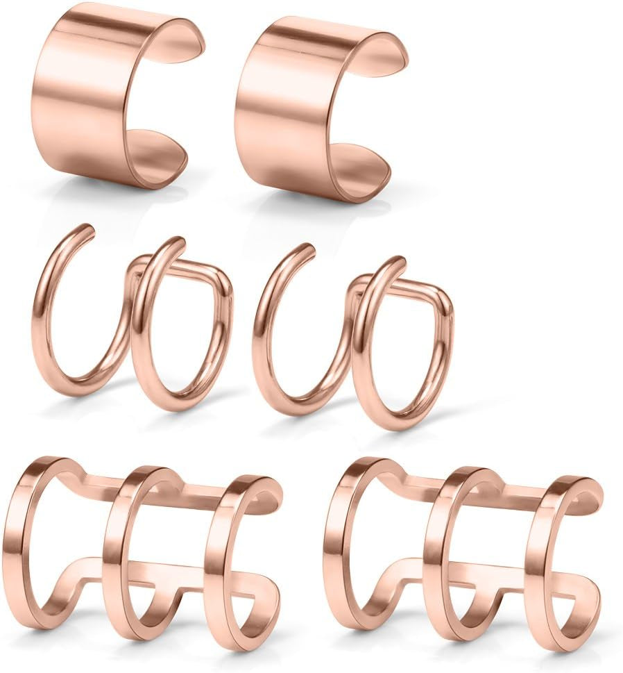 Ruifan Stainless Steel Ear Cuff Non Piercing Fake Clip-On Cartilage Earring Set Women Men 6Pcs