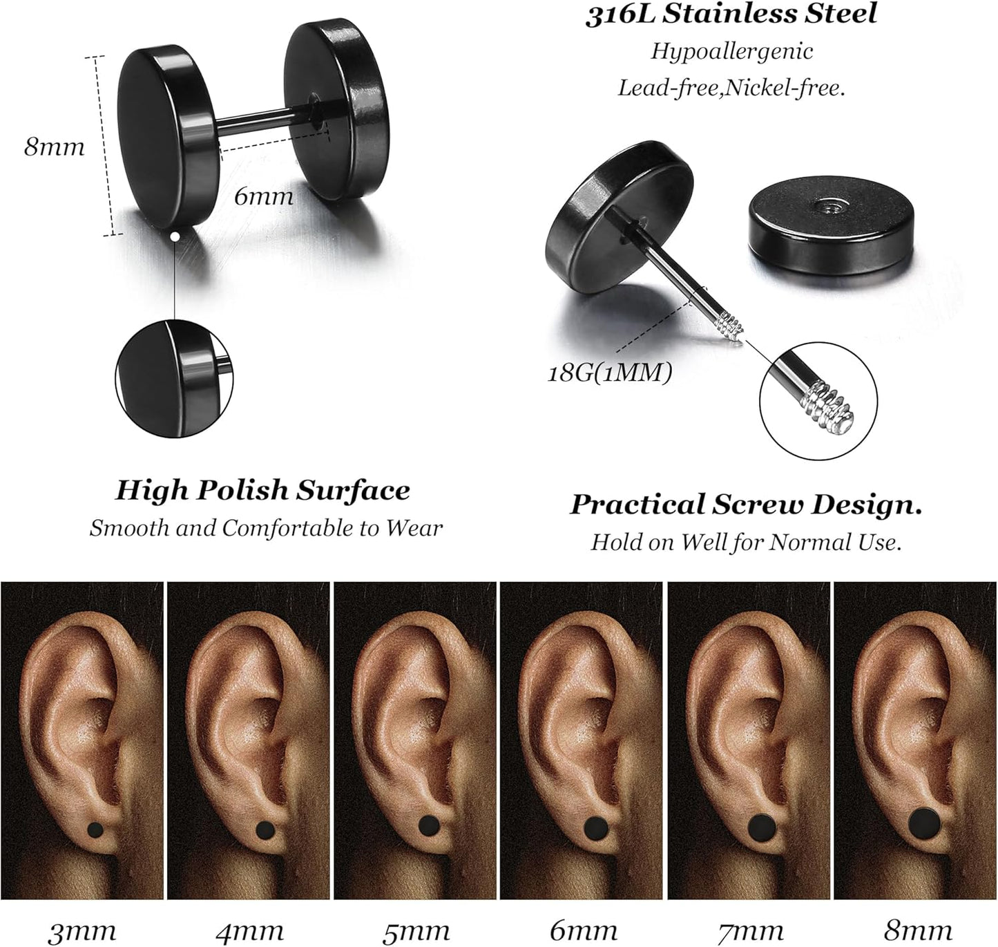 FIBO STEEL 6 Pairs Stainless Steel Black Stud Earrings for Men Women Faux Gauges Ear Tunnel Fake Gauge Earrings 3-8Mm
